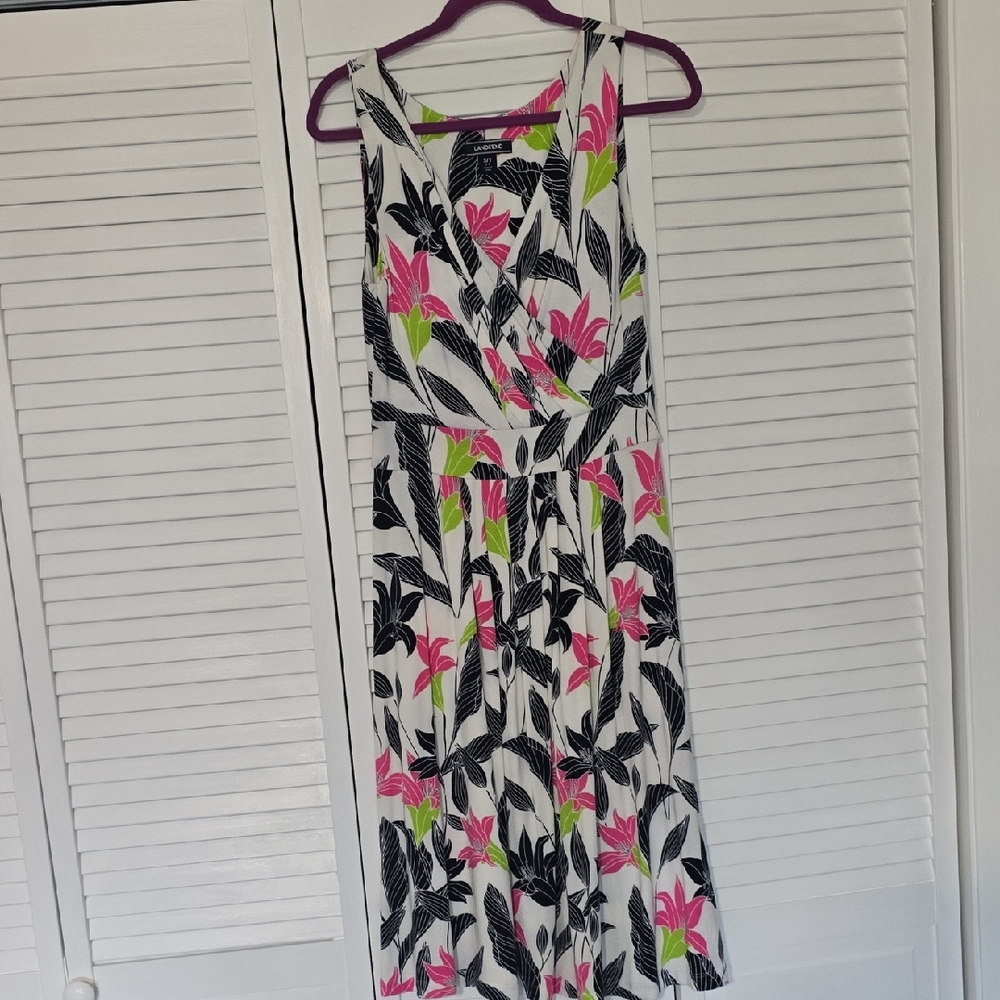 Lands End Floral Sleeveless Dress - Pink, Green, Black Size Small/tall